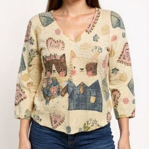 SP💗Vintage Via Vitale Charming Cat Print V-Neck Sweater